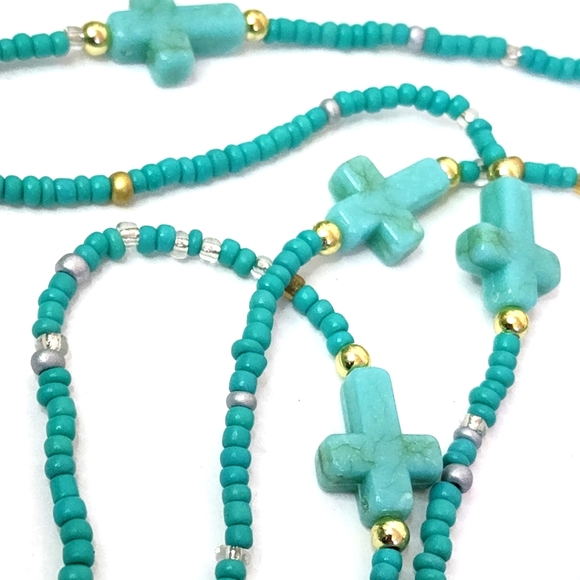 Turquoise Sead Bead Stretch Necklace with Cross Beads Matching Earrings - Picture 4 of 8